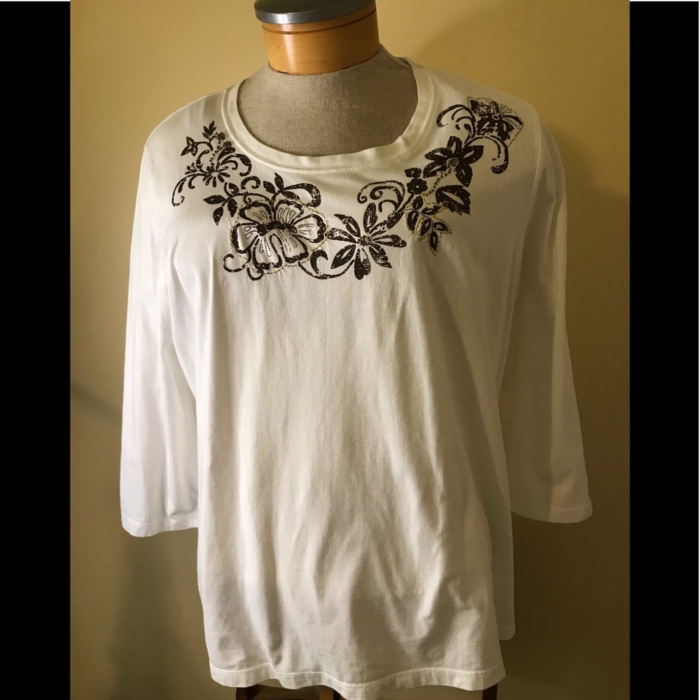 Kim Rogers White Pullover Top w/Dark Brown Flowers